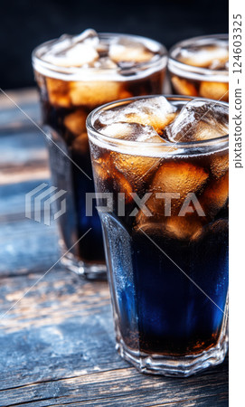 Three glasses of iced with ice cubes on wooden table 124603325