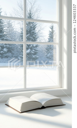 Open book by window with snowy view, creating peaceful atmosphere 124603337