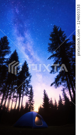 blue tent under starry sky with tall trees silhouetted against Milky Way 124603338
