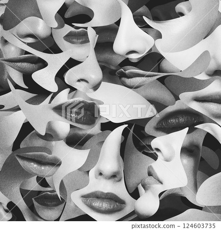 Abstract and surreal women black and white portrait illustration collage made of wavy geometric shapes Abstract and surreal women black and white portrait illustration collage made of wavy geometric shapes 124603735