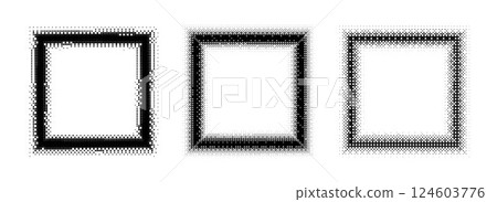 Black halftone square frame set. Dotted 8 bit gradient border collection. Pop art comic picture holder design for banner template, emblem, poster, box, copy space. Vector raster videogame element pack 124603776