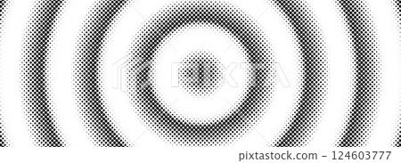 Halftone circle background. Radial comic target texture. Black and white dotted circular gradient. Fading rough dot epicenter wallpaper concept. Vector grunge round pop art rasterized backdrop Halftone circle background. Radial comic target texture. Black and white dotted circular gradient. Fading rough dot epicenter wallpaper concept. Vector grunge round pop art rasterized backdrop 124603777