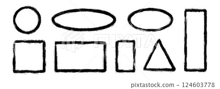 Black charcoal geometric frame set. Rectangle, triangle and round paintbrush border collection. Rough sketch elements for diagram, highlight, underline, emphasis. Vector scribbled crayon form pack 124603778