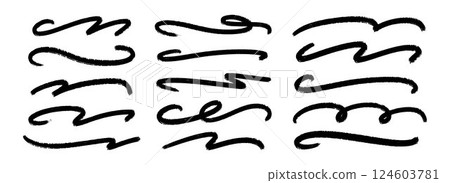 Wavy paint line set. Squiggle sketch brush stroke collection. Rough charcoal curved flourishes for highlight, underline, emphasis. Vector handdrawn wave crayon chalk strips. Black swoosh stripe bundle Wavy paint line set. Squiggle sketch brush stroke collection. Rough charcoal curved flourishes for highlight, underline, emphasis. Vector handdrawn wave crayon chalk strips. Black swoosh stripe bundle 124603781