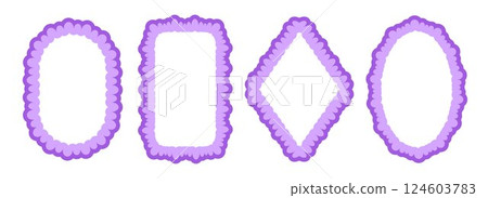 Cute frill pattern frame set. Purple scalloped ellipse and rectangle border collection. Wavy lace edge shape in rococo style for decoration, poster, banner. Wiggly coquette element pack. Vector 124603783