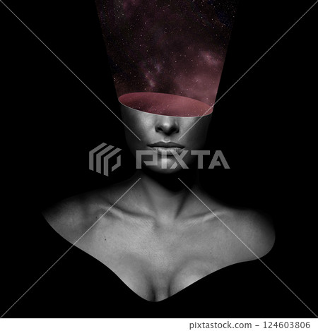 Abstract and surreal woman illustration collage with purple cosmic space floating from head over eyes in black background Abstract and surreal woman illustration collage with purple cosmic space floating from head over eyes in black background 124603806