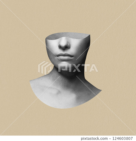 Abstract and surreal woman illustration portrait without upper head part on beige background Abstract and surreal woman illustration portrait without upper head part on beige background 124603807