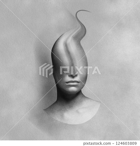 Abstract and surreal woman illustration collage with melting and floating head in wavy form over eyes on gray grunge background 124603809
