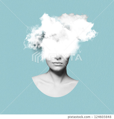 Abstract and surreal woman illustration collage with white cloud over eyes in soft blue background 124603848