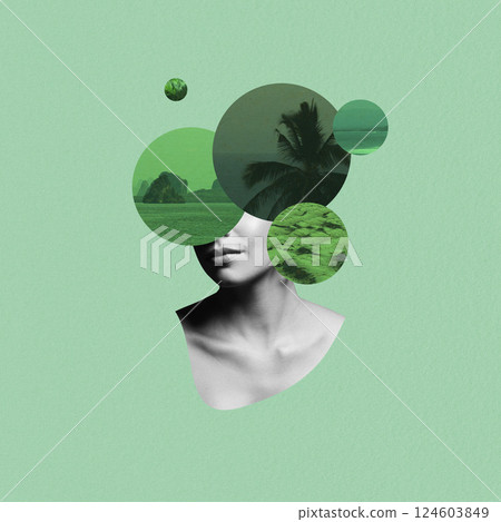 Abstract and surreal woman illustration collage with various circle geometric shapes with tropical pattern over eyes Abstract and surreal woman illustration collage with various circle geometric shapes with tropical pattern over eyes 124603849