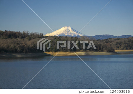 View of the lake surface and Mt. Fuji from the Sayama Lake Dam in winter under blue skies 124603916