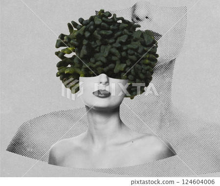 Abstract and surreal woman with green floral hair on her head portrait illustration 124604006