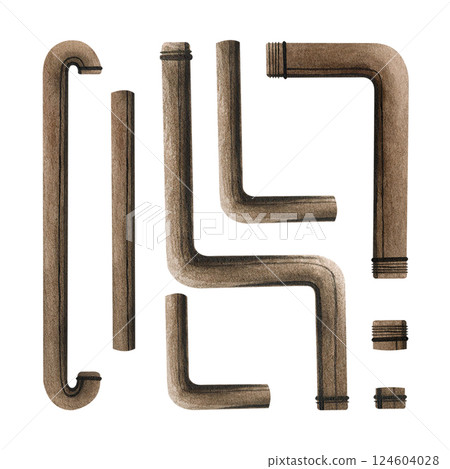 A set of copper pipes plumbing pipeline with connectors isolated on white background. Watercolor illustration pipe section or water supply. Metal tubes for plumbing and drainage web design. Template 124604028