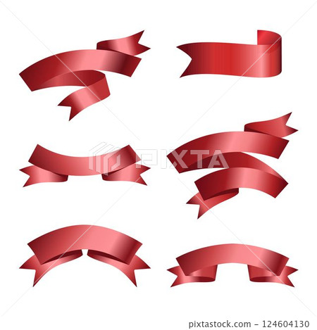 Set of Red Ribbons and Tags isolated on white background. Red award ribbon banners for text. Collection of Different Empty Red Ribbon, Label Design for text. 3D Vector of various shapes. Eps 10. 124604130