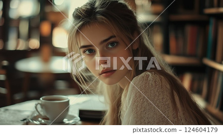 Big beautiful eyes of a woman smiling in a stylish cafe 124604179