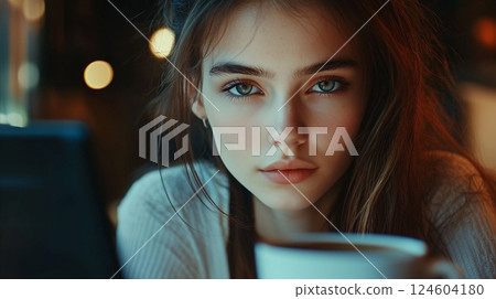 Big beautiful eyes of a woman smiling in a stylish cafe 124604180