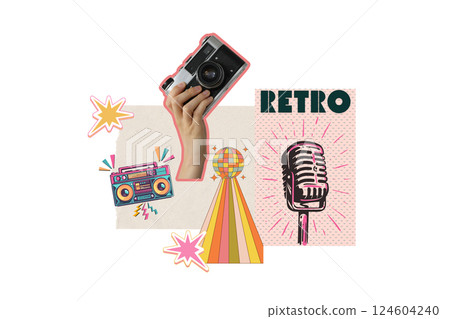 PNG, Poster Collage, hand holding vintage camera, isolated on white background. PNG, Poster Collage, hand holding vintage camera, isolated on white background. 124604240