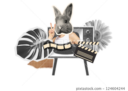 PNG, Poster Collage, rabbit head with human body showing peace gesture, isolated on white background. 124604244