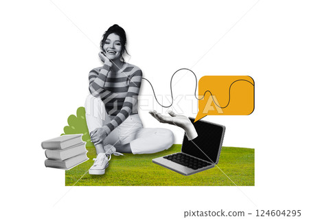 PNG, Poster Collage, girl sitting on the grass with laptop, books and hand, isolated on white background. PNG, Poster Collage, girl sitting on the grass with laptop, books and hand, isolated on white background. 124604295