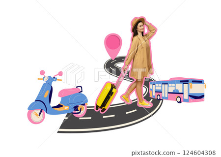PNG, Poster Collage, girl with suitcase on the road, travel concept, isolated on white background. 124604308