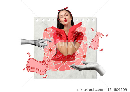 PNG, Poster Collage, girl in retro style sending a kiss with her hands, isolated on white background. 124604309