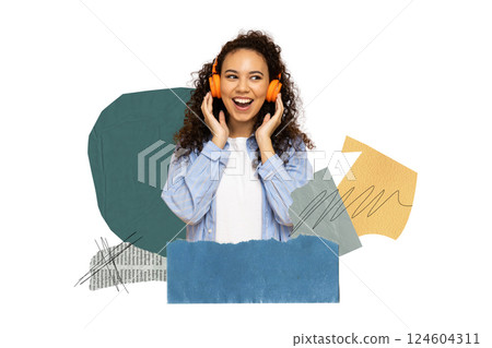 PNG, Poster Collage, smiling girl, wearing headphones, isolated on white background. PNG, Poster Collage, smiling girl, wearing headphones, isolated on white background. 124604311
