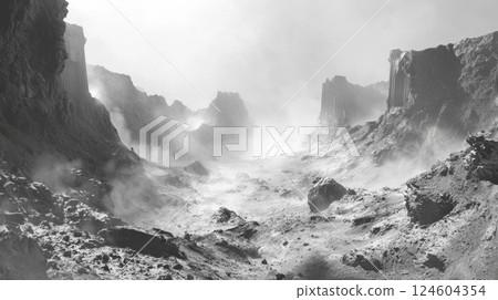 Fantastic frontiers concept. Desolate rocky canyon with misty atmosphere and dramatic cliffs 124604354