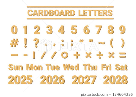 A set of numbers and symbols made from cardboard A set of numbers and symbols made from cardboard 124604356
