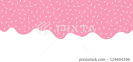 Simple Sprinkle pattern. Pink liquid with sugar sprinkles dripping on white background. Glaze for donut, ice cream or muffins with falling decorative candies. Vector Illustration 124604396