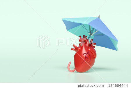 3d umbrella protecting model heart isolated on green background. heart disease prevention, health love, medicare, health Insurance concept, 3d illustration render 124604444