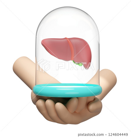 3d hand witn glass dome, realistic human liver isolated. check liver health, love health, world hepatitis day concept, 3d illustration render 3d hand witn glass dome, realistic human liver isolated. check liver health, love health, world hepatitis day concept, 3d illustration render 124604449
