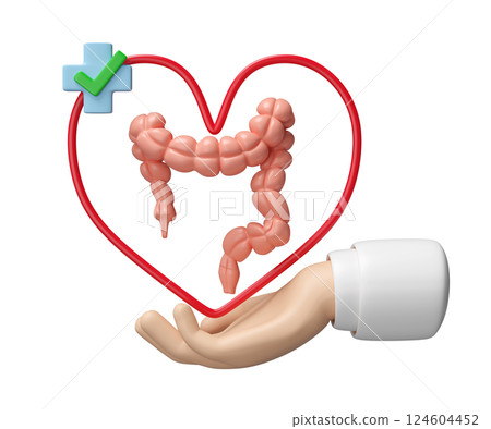 3d hands holding colon with heart, cross, check mark isolated. check colon health, constipation concept, 3d illustration render 3d hands holding colon with heart, cross, check mark isolated. check colon health, constipation concept, 3d illustration render 124604452