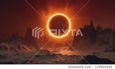 Fantastic frontiers concept. Solar eclipse over crystalline mountain range on remote exoworld Fantastic frontiers concept. Solar eclipse over crystalline mountain range on remote exoworld 124604488