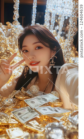 A selfie of a woman surrounded by gold coins and stacks of banknotes. A symbol of luxury living. 124604639