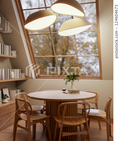 The set of wooden table and chairs under the stylish lamp next to roof window in the earth tone room The set of wooden table and chairs under the stylish lamp next to roof window in the earth tone room 124604673