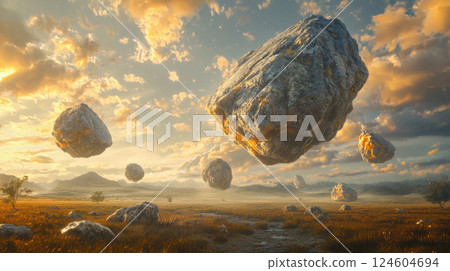 Fantastic frontiers concept. Alien savannah with levitating boulders and atmospheric distortions 124604694