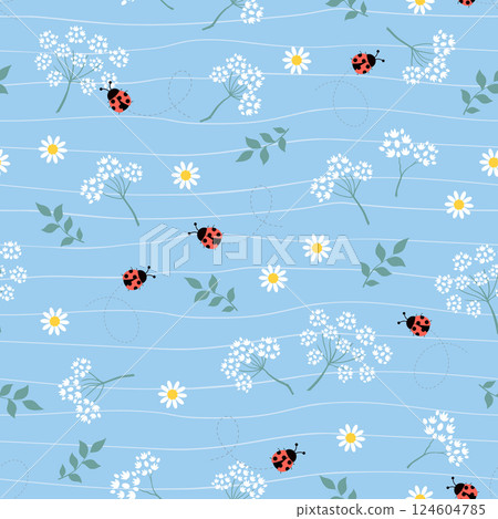 Seamless pattern with floral and ladybugs on spring garden 124604785