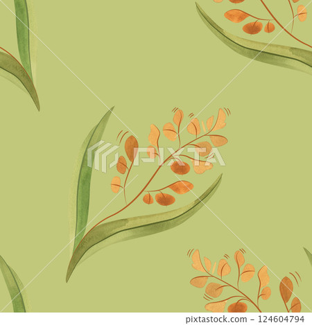 Textile seamless floral pattern with wild grasses and cereals. Design for kitchen home textiles, tablecloths, curtains, bed linen, dress fabrics, wrapping paper. 124604794
