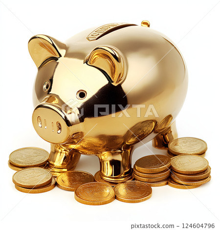 金色儲錢罐和金幣的插圖。幸運和財富的象徵 金色儲錢罐和金幣的插圖。幸運和財富的象徵 124604796