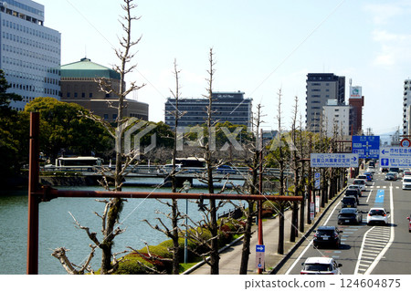 Saga City: Streets along the walking course around the moat of Saga Castle Park Saga City: Streets along the walking course around the moat of Saga Castle Park 124604875