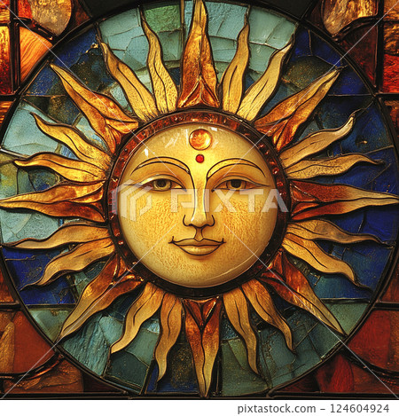 Stained glass with a picture of the sun AI image 124604924
