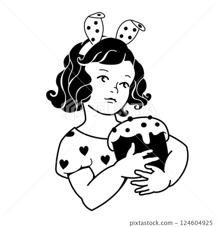 Elegant silhouette line art graphic. Monochrome illustration. A girl with Easter bakery 124604925