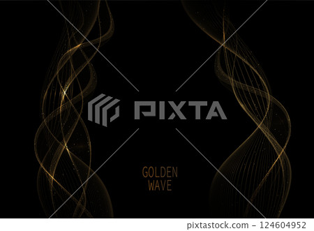 Isolated design elements, wavy illustrations in golden color with tinsel on black background Isolated design elements, wavy illustrations in golden color with tinsel on black background 124604952