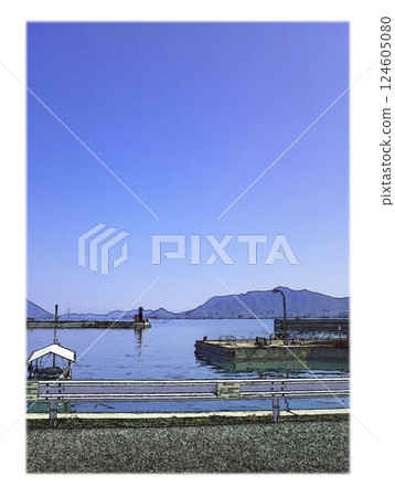 Edited to look like an illustration with a white border. A small port waiting for a ferry to a remote island in the Seto Inland Sea. 124605080