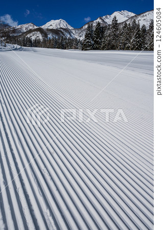 A sunny winter morning at a ski resort after the slopes have been groomed 124605084