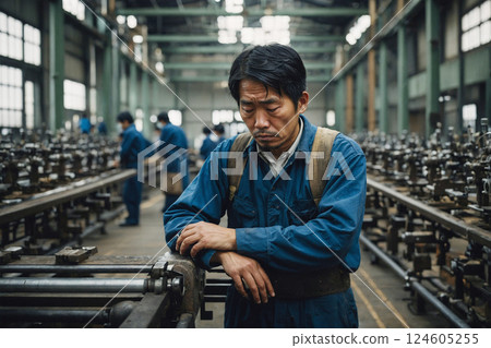 AI-generated image of a man feeling depressed at a bankrupt factory 124605255