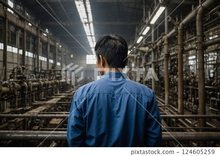AI-generated image of a man feeling depressed at a bankrupt factory 124605259