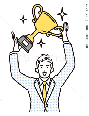 Simple illustration of a businessman holding a trophy Simple illustration of a businessman holding a trophy 124605276