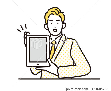Simple illustration of a businessman showing a tablet 124605283
