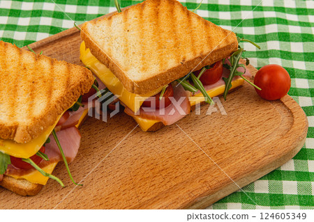 Mouthwatering grilled cheese and ham sandwich with fresh spinach and tomatoes Mouthwatering grilled cheese and ham sandwich with fresh spinach and tomatoes 124605349